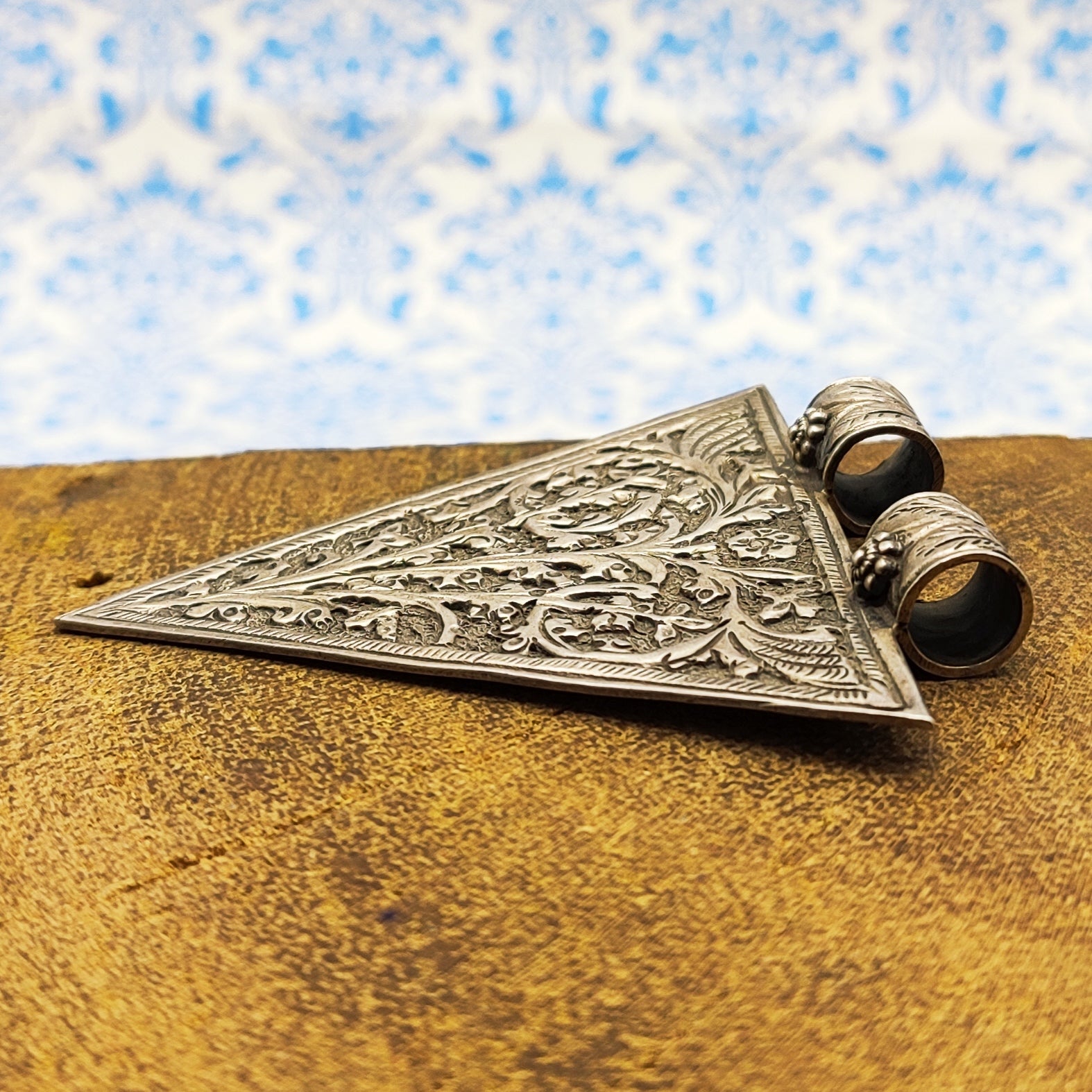 Tribal Floral Triangle Vintage Solid Silver Pendant Antique Finish Handmade