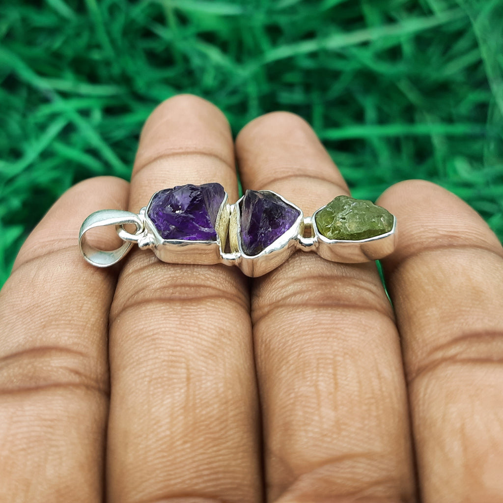Raw Amethyst & Peridot Rough Pendant – Handmade 925 Silver Nepali Boho Designer Piece