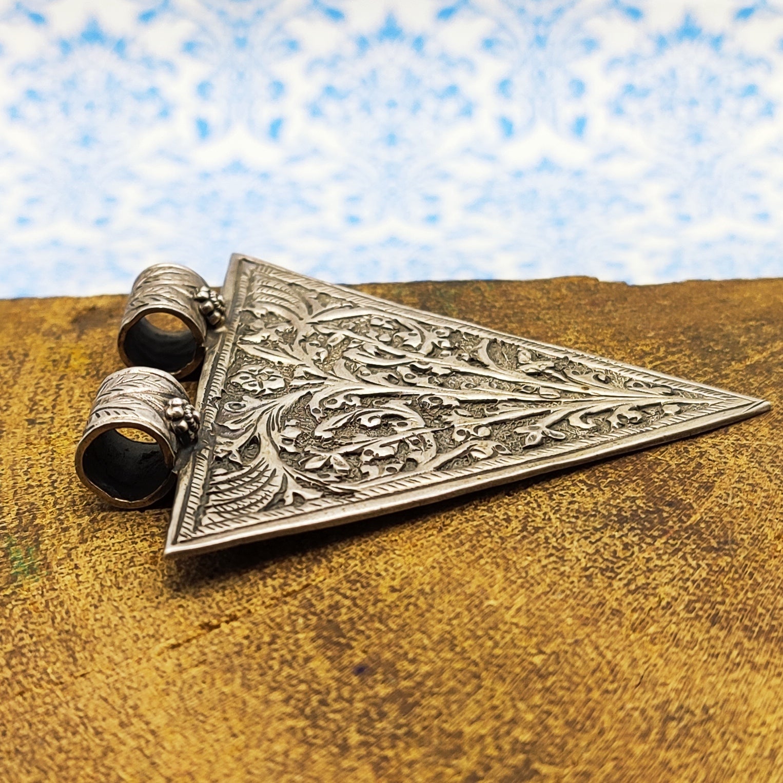 Tribal Floral Triangle Vintage Solid Silver Pendant Antique Finish Handmade