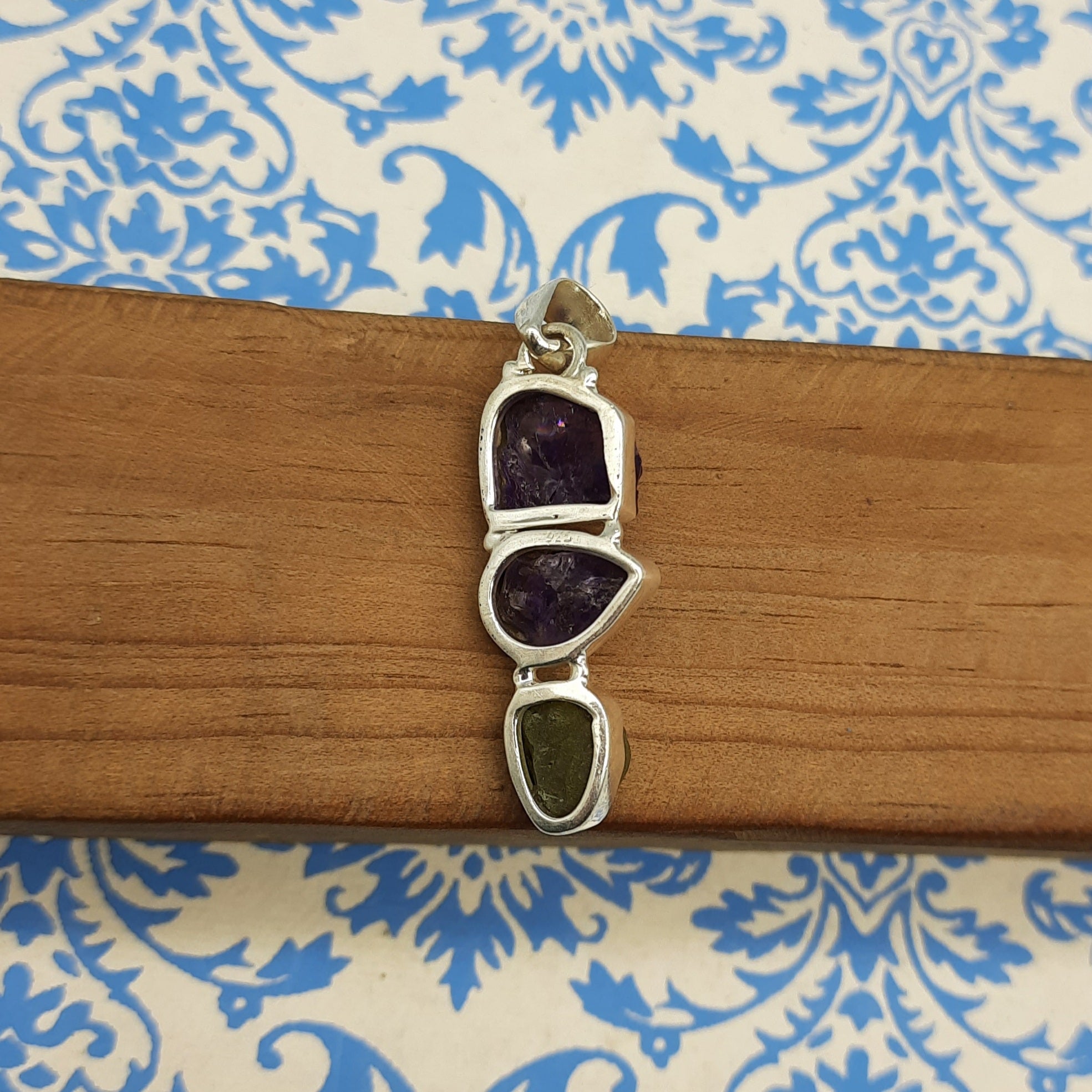 Raw Amethyst & Peridot Rough Pendant – Handmade 925 Silver Nepali Boho Designer Piece