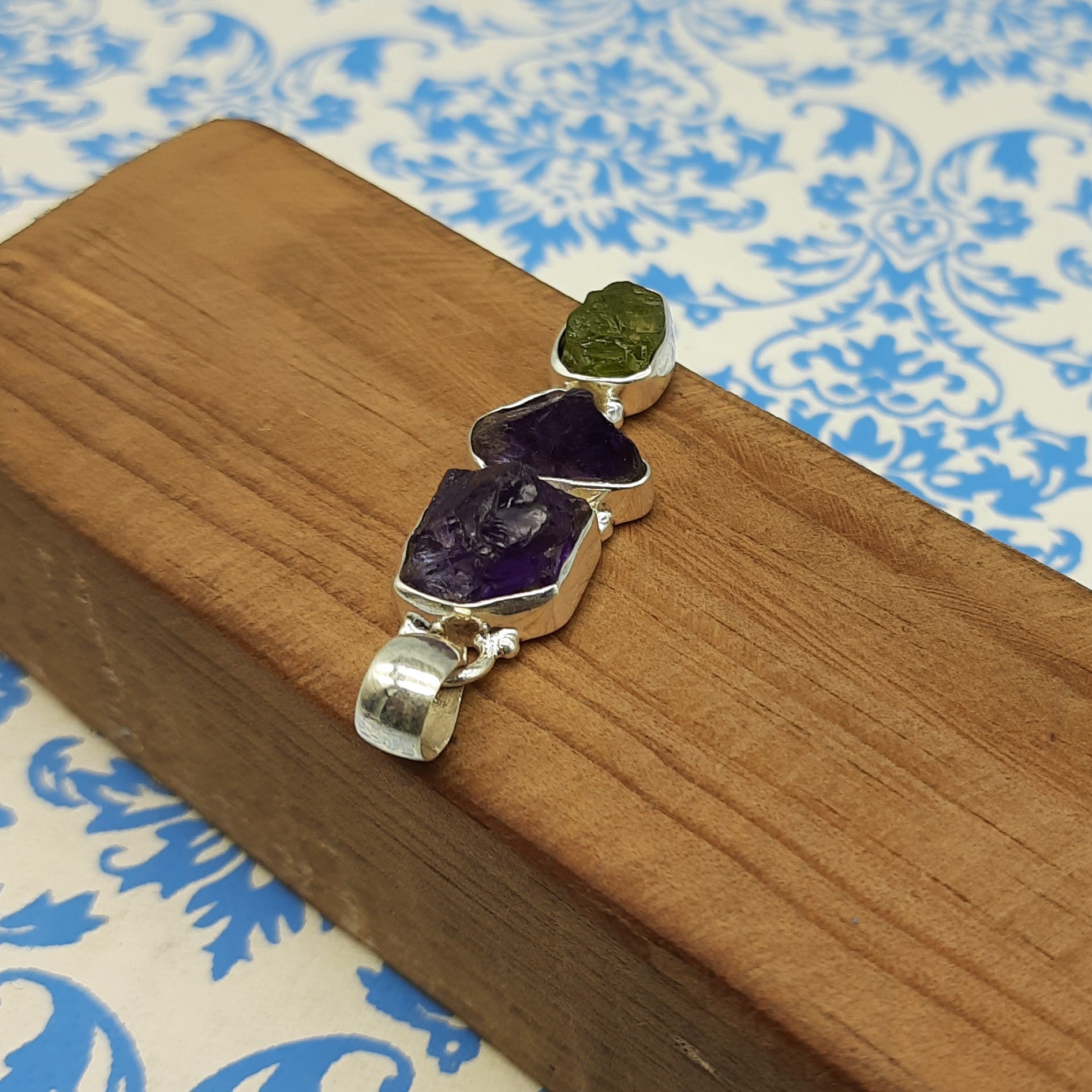 Raw Amethyst & Peridot Rough Pendant – Handmade 925 Silver Nepali Boho Designer Piece