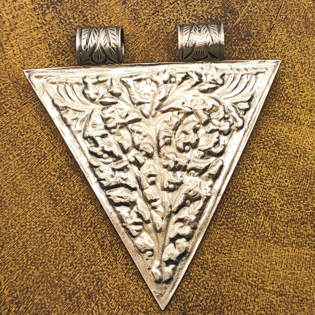 Tribal Floral Triangle Vintage Solid Silver Pendant Antique Finish Handmade