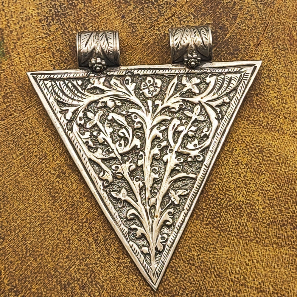 Tribal Floral Triangle Vintage Solid Silver Pendant Antique Finish Handmade