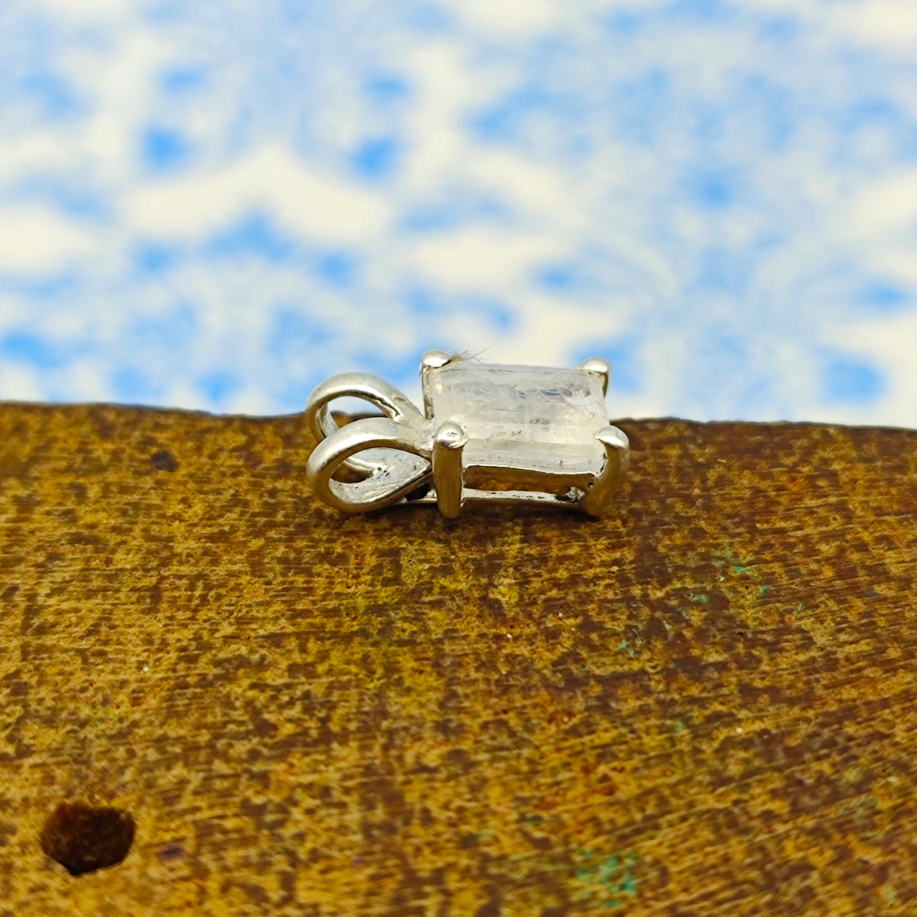 Rainbow Moonstone Rectangle 925 Silver Prong Pendant