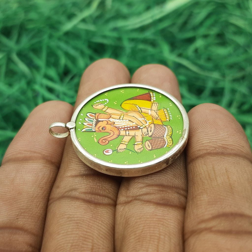 Lord Ganesha Hand-Painted Pendant in 925 Sterling Silver – Spiritual Blessing Jewelry