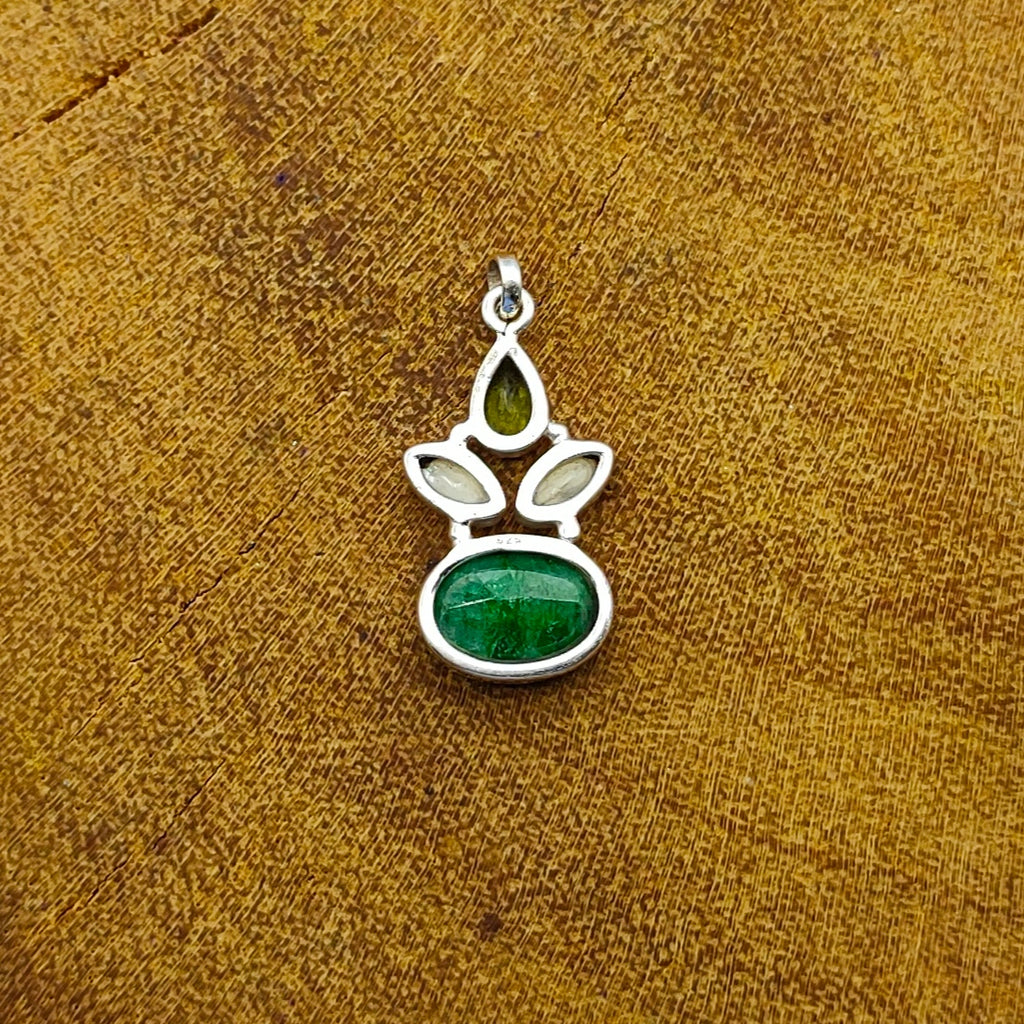 Emerald & Pearl Multi-Stone Nepali Bohemian Handmade Silver Pendant