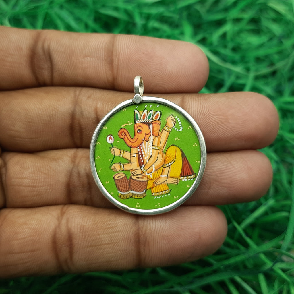 Lord Ganesha Hand-Painted Pendant in 925 Sterling Silver – Spiritual Blessing Jewelry