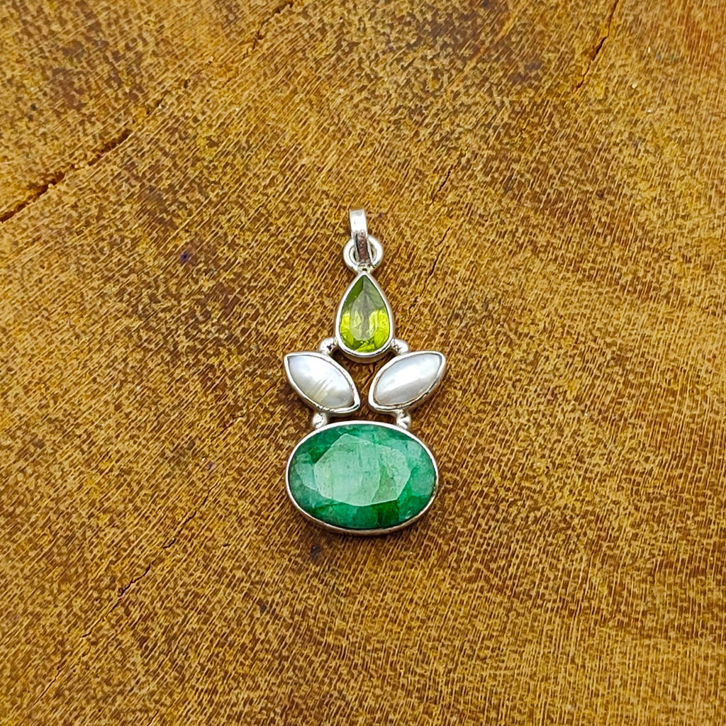 Emerald & Pearl Multi-Stone Nepali Bohemian Handmade Silver Pendant