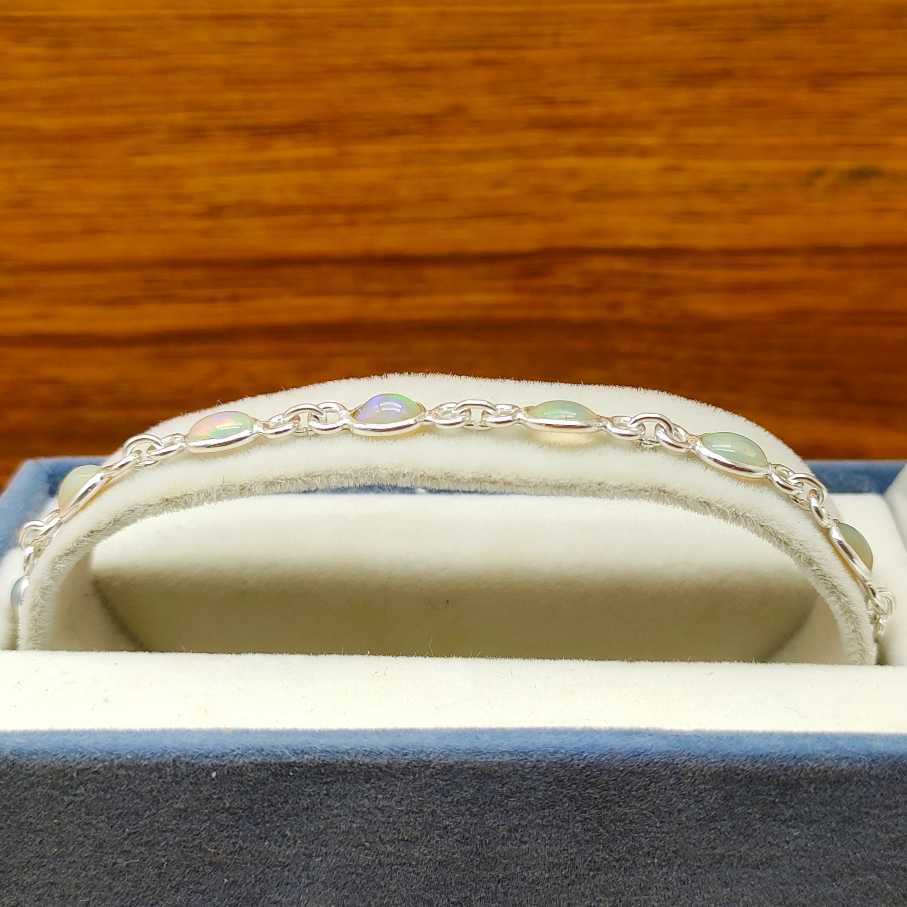 Elegant Natural Opal Silver Oval Bezel Bracelet Jewelry