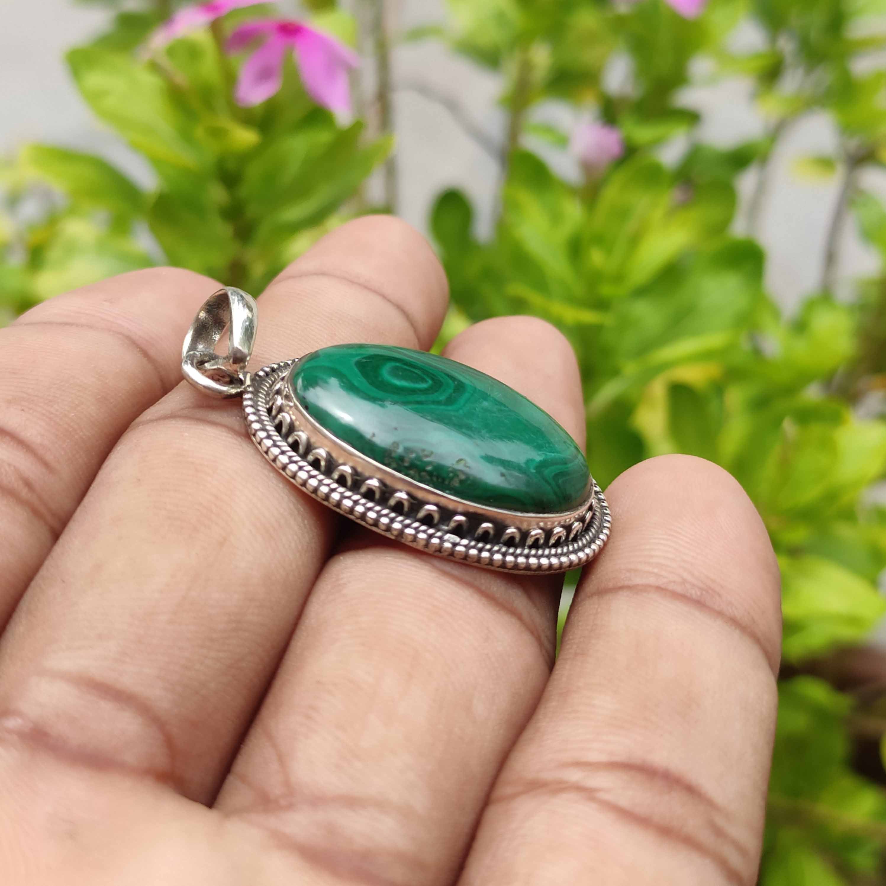 Natural Malachite Gemstone 925 Silver Pendant Handmade Gift Jewelry