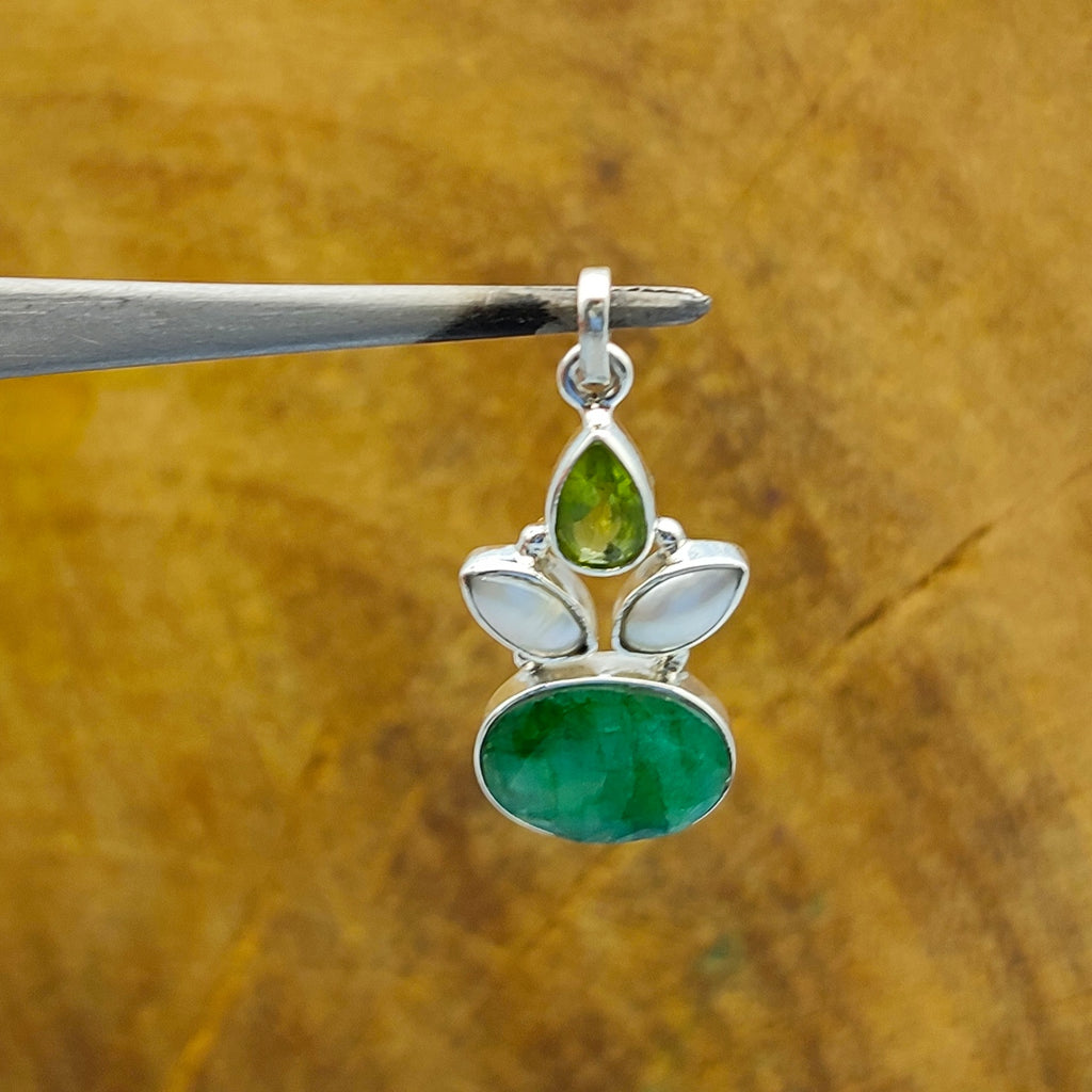 Emerald & Pearl Multi-Stone Nepali Bohemian Handmade Silver Pendant