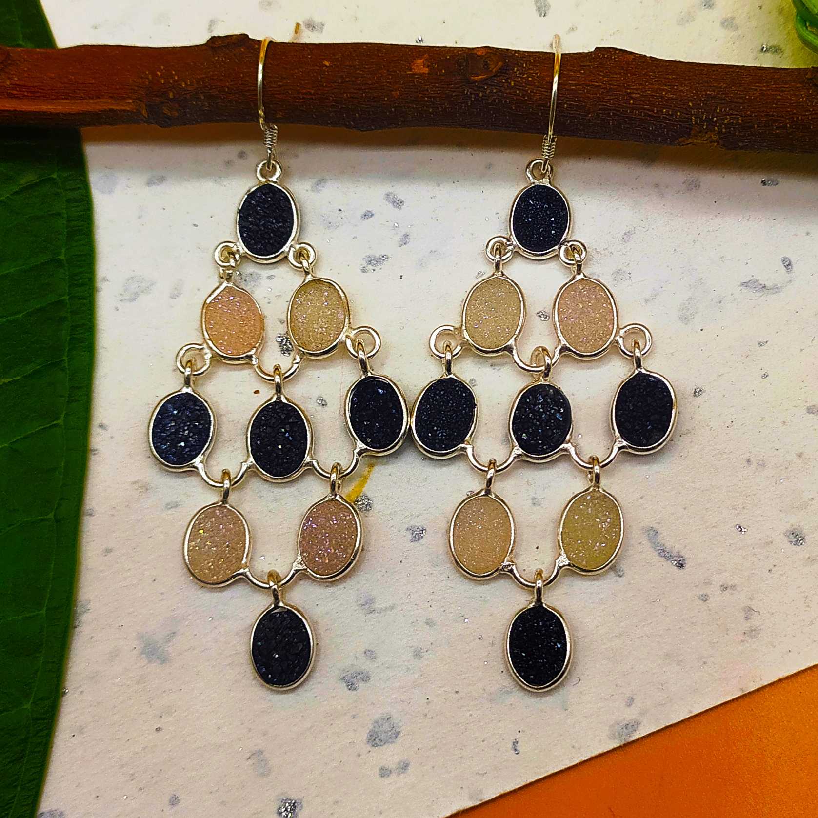925 Sterling Silver Titanium Druzy Chandelier Earrings