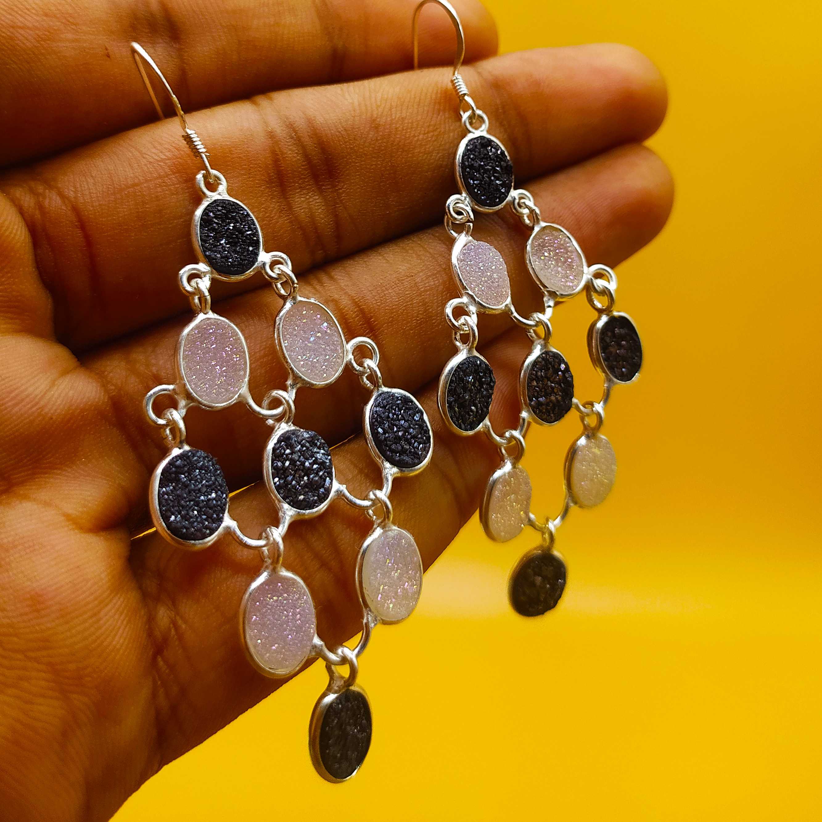 925 Sterling Silver Titanium Druzy Chandelier Earrings