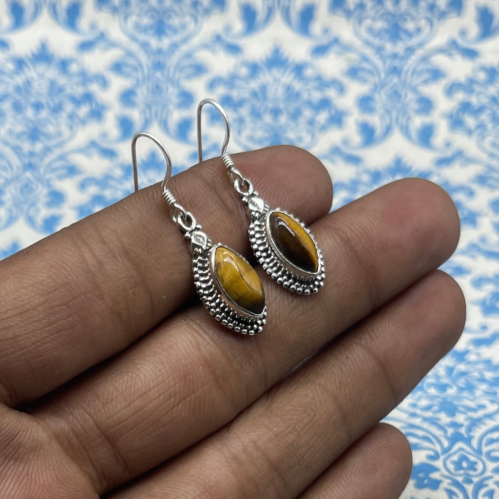 Boho Marquise Shape Tiger Eye Silver Earrings – Elegant Everyday Wear