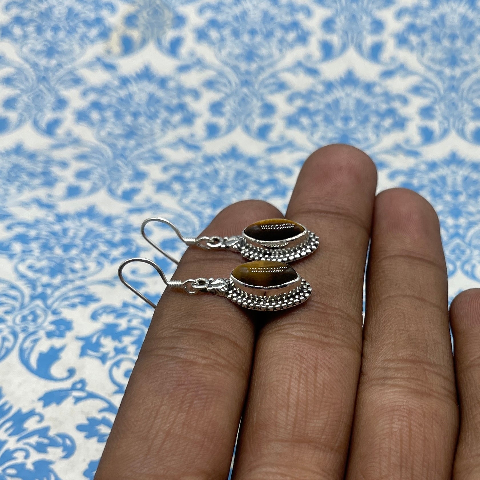 Boho Marquise Shape Tiger Eye Silver Earrings – Elegant Everyday Wear