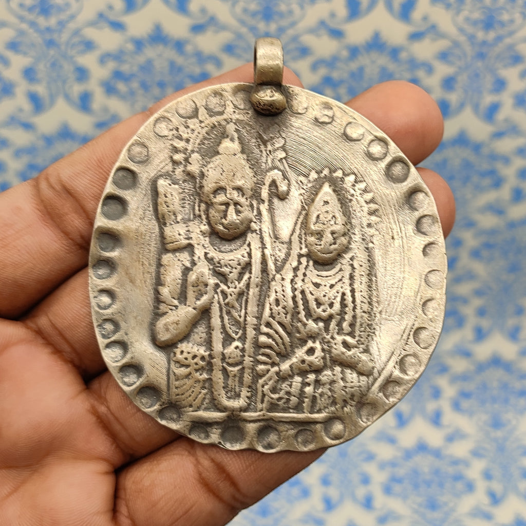 Tribal Shiv Parvati Vintage Solid Silver Pendant Antique Finish Handmade One of a Kind
