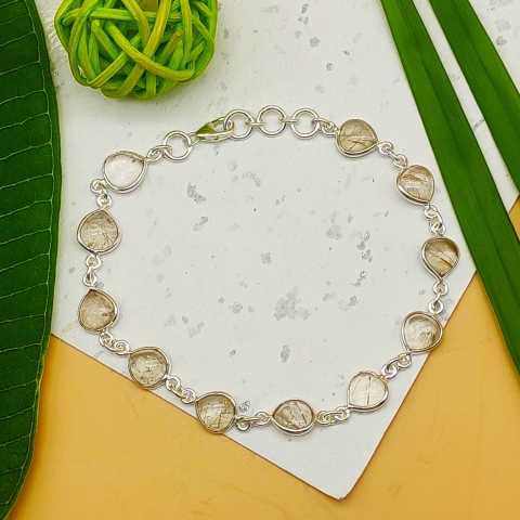 Rutile Quartz Drop Shape Bracelet Handmade 925 Sterling Silver Fine Jewelry