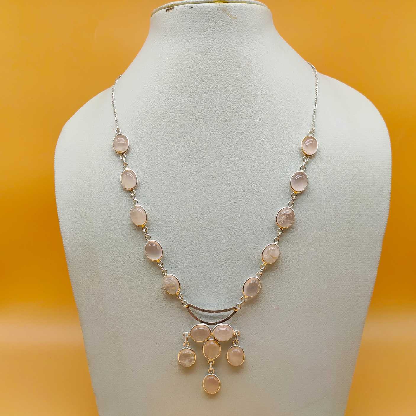 Rose Quartz 925 Silver Boho Cabochon Necklace Artisan Jewelry