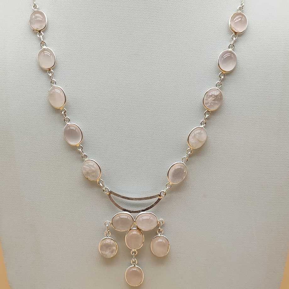 Rose Quartz 925 Silver Boho Cabochon Necklace Artisan Jewelry