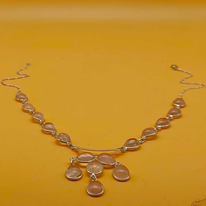 Rose Quartz 925 Silver Boho Cabochon Necklace Artisan Jewelry
