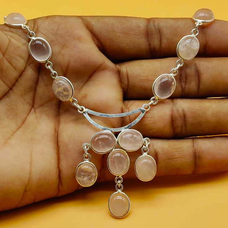 Rose Quartz 925 Silver Boho Cabochon Necklace Artisan Jewelry