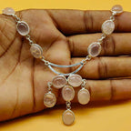Rose Quartz 925 Silver Boho Cabochon Necklace Artisan Jewelry