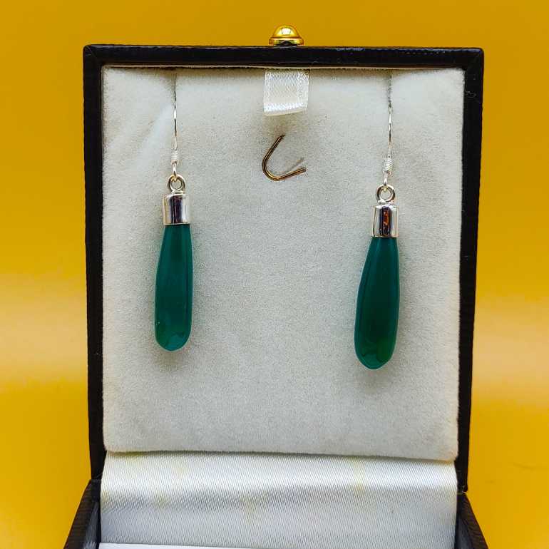 Handcrafted Green Onyx 925 Silver Dangle Earrings
