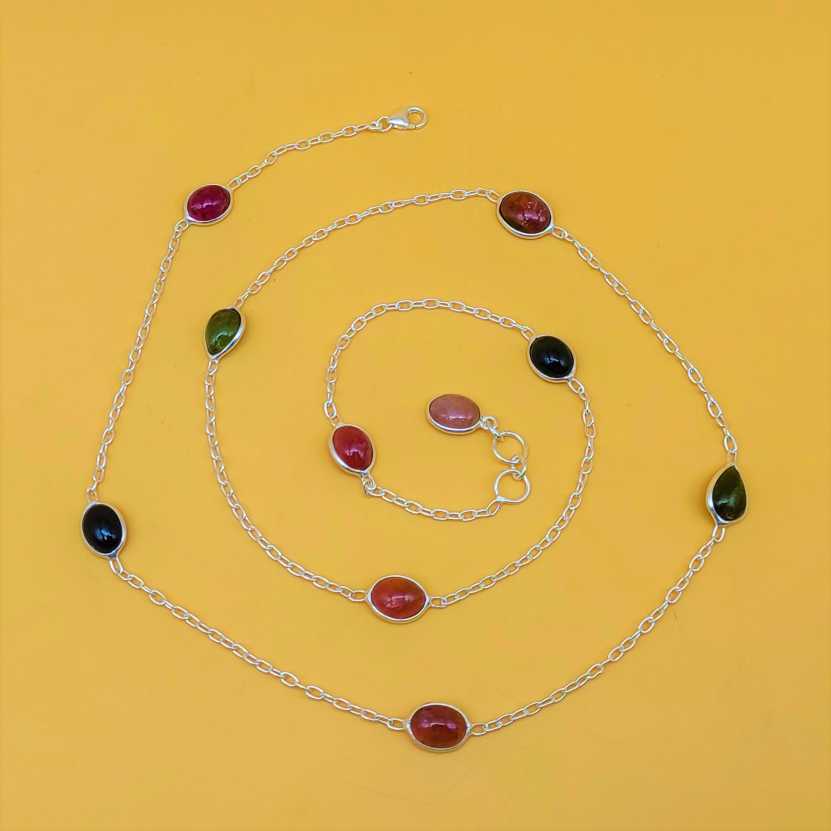 Tourmaline Cabochon 925 Silver Long Necklace Birthstone Gift