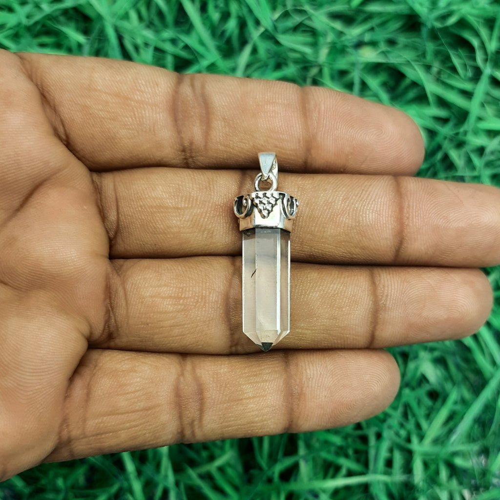 Natural Crystal Quartz Amulet – Handcrafted 925 Silver Nepali Boho Pendant