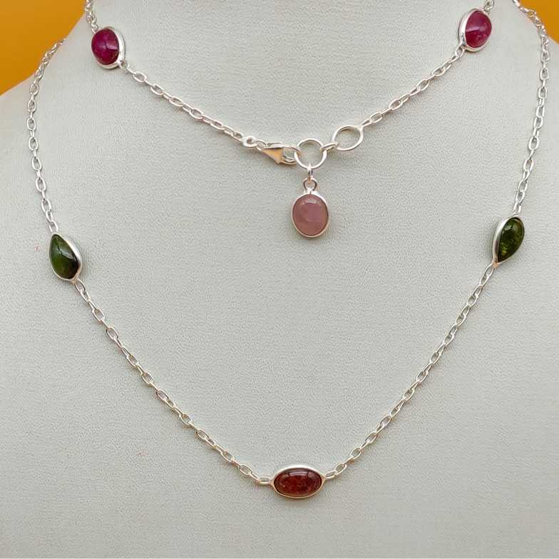 Tourmaline Cabochon 925 Silver Long Necklace Birthstone Gift
