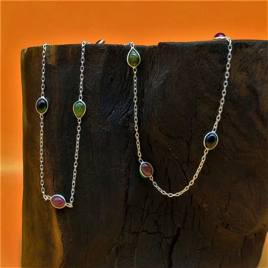Tourmaline Cabochon 925 Silver Long Necklace Birthstone Gift