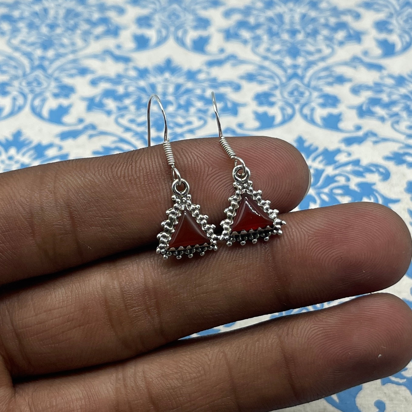 925 Silver Carnelian Earrings – Elegant Trillion Gemstone Design