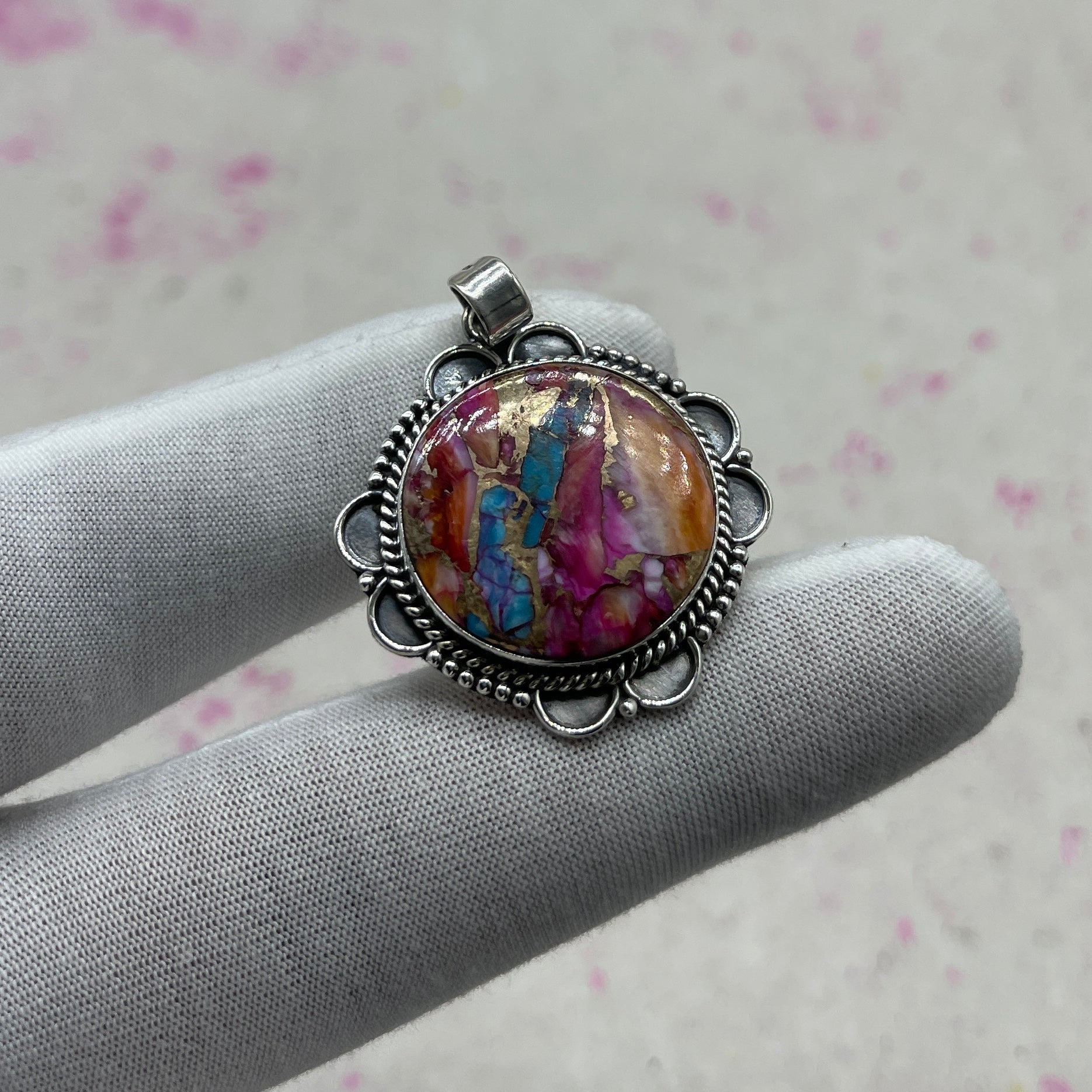 Spiny Oyster Turquoise 925 Sterling Silver Handmade Pendant | Rustic Boho Pendant