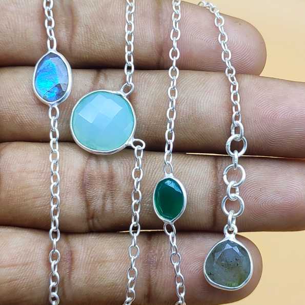 Multi Gemstone Cabochon 925 Silver Long Necklace Gift
