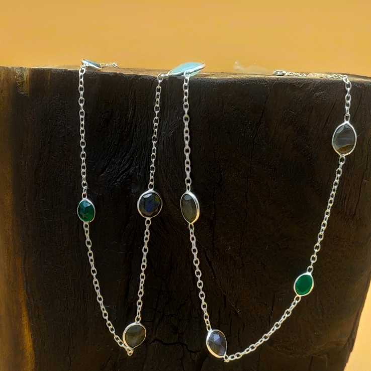 Multi Gemstone Cabochon 925 Silver Long Necklace Gift