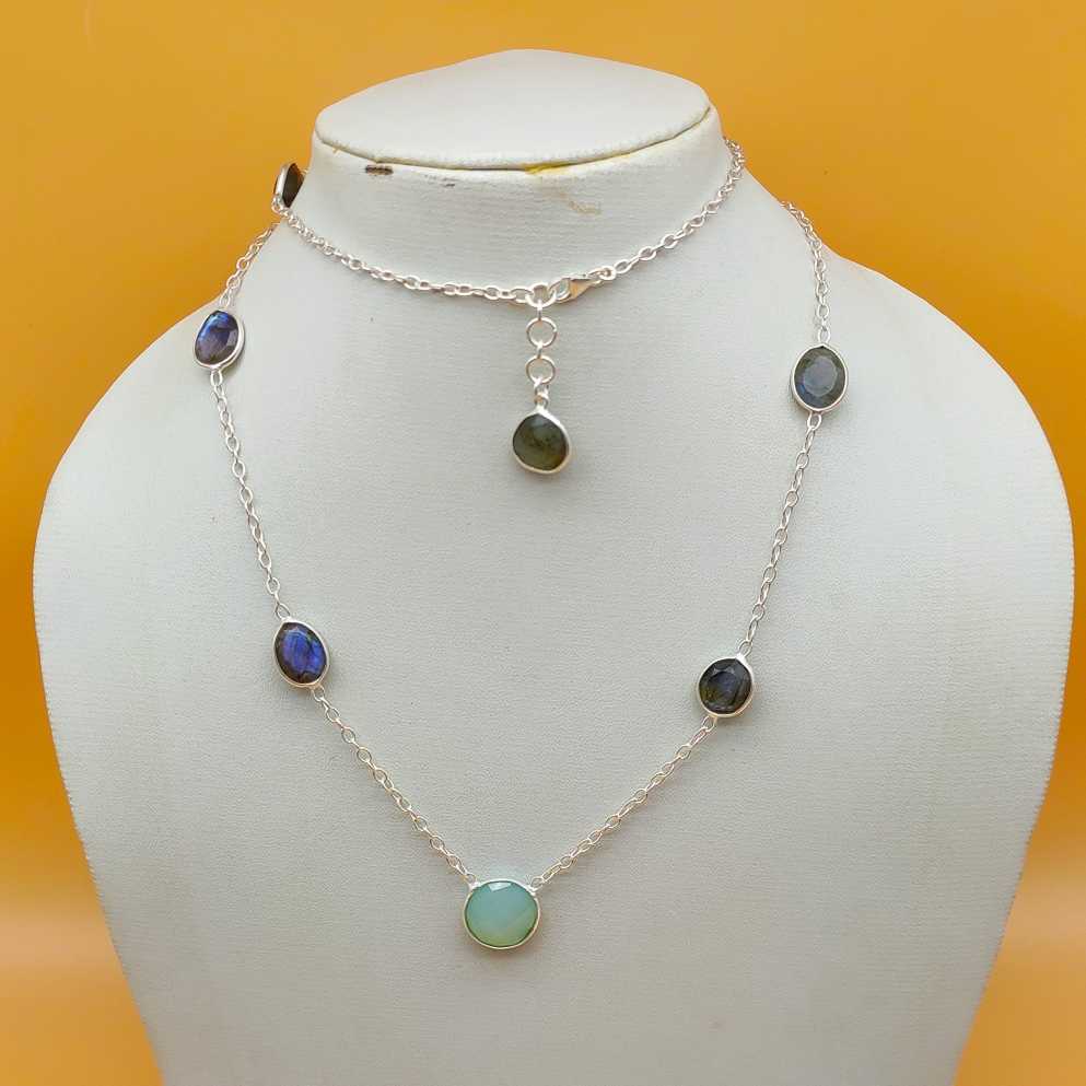 Multi Gemstone Cabochon 925 Silver Long Necklace Gift