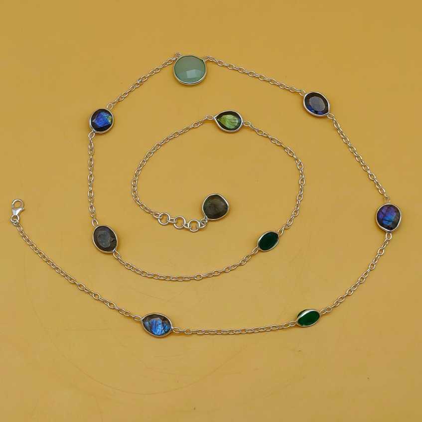 Multi Gemstone Cabochon 925 Silver Long Necklace Gift