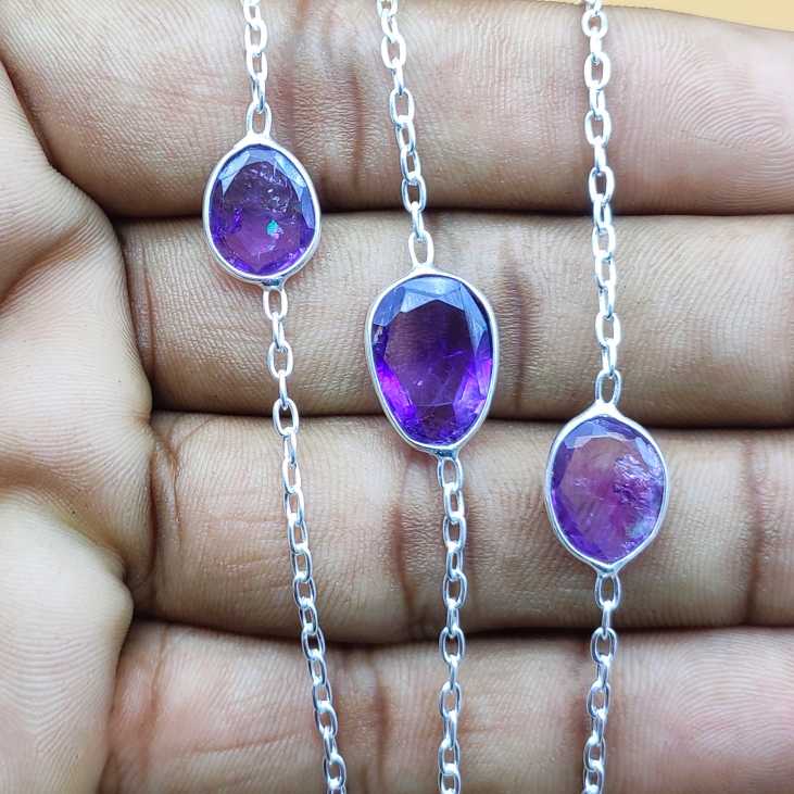 Dainty Amethyst 925 Silver Faceted Long Necklace Handmade