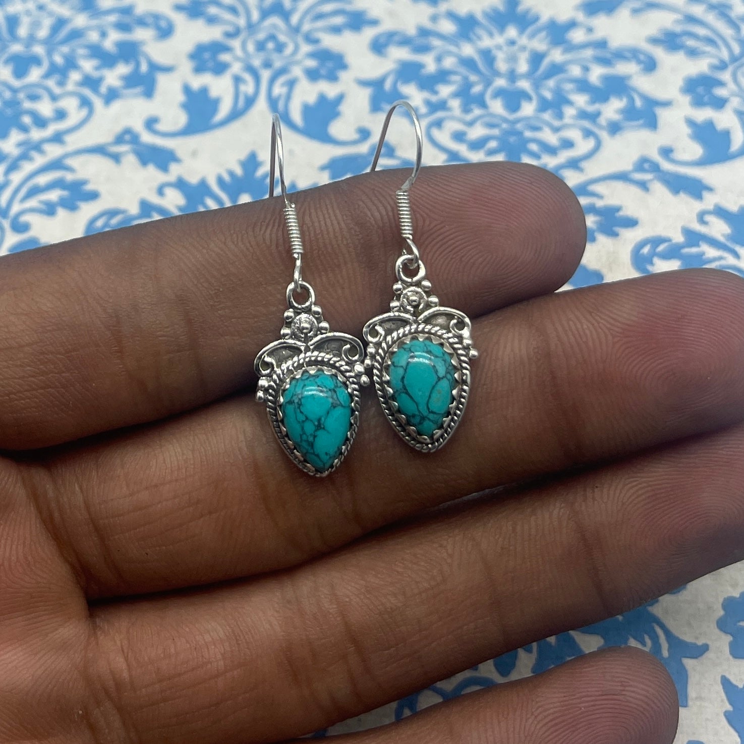 925 Sterling Silver Turquoise Drop Earrings – Dainty Blue Gemstone