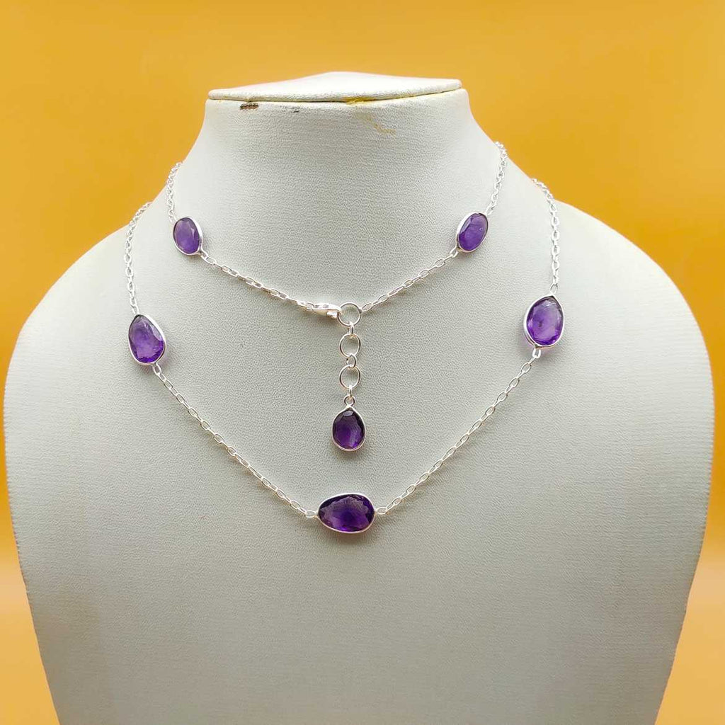 Dainty Amethyst 925 Silver Faceted Long Necklace Handmade