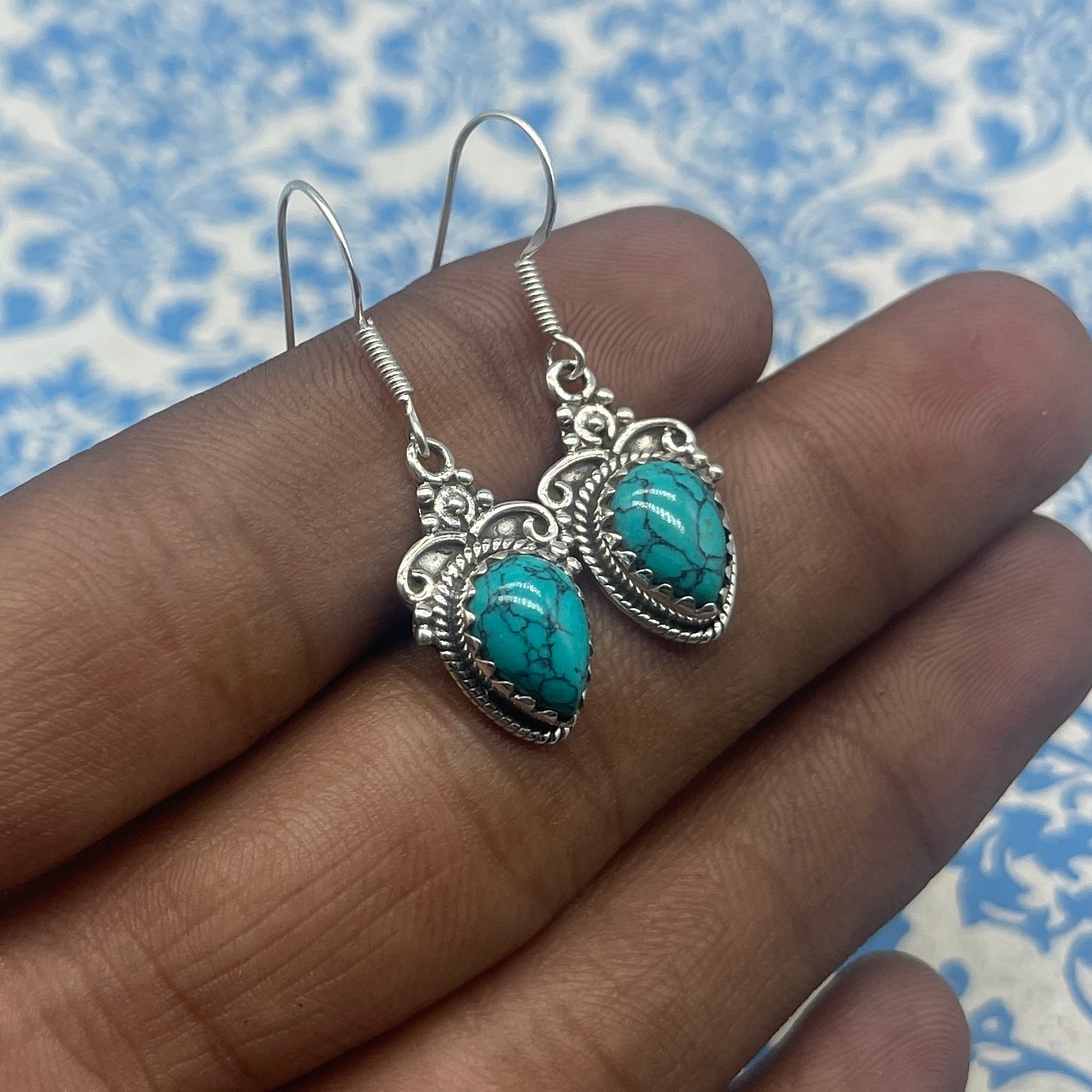 925 Sterling Silver Turquoise Drop Earrings – Dainty Blue Gemstone