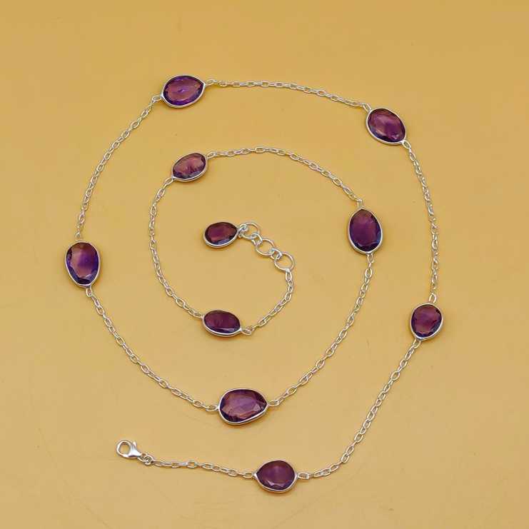 Dainty Amethyst 925 Silver Faceted Long Necklace Handmade