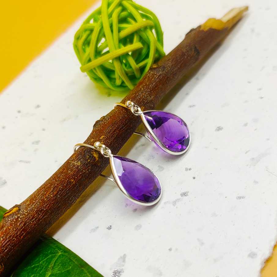 Minimalist Amethyst Drop Silver Earrings