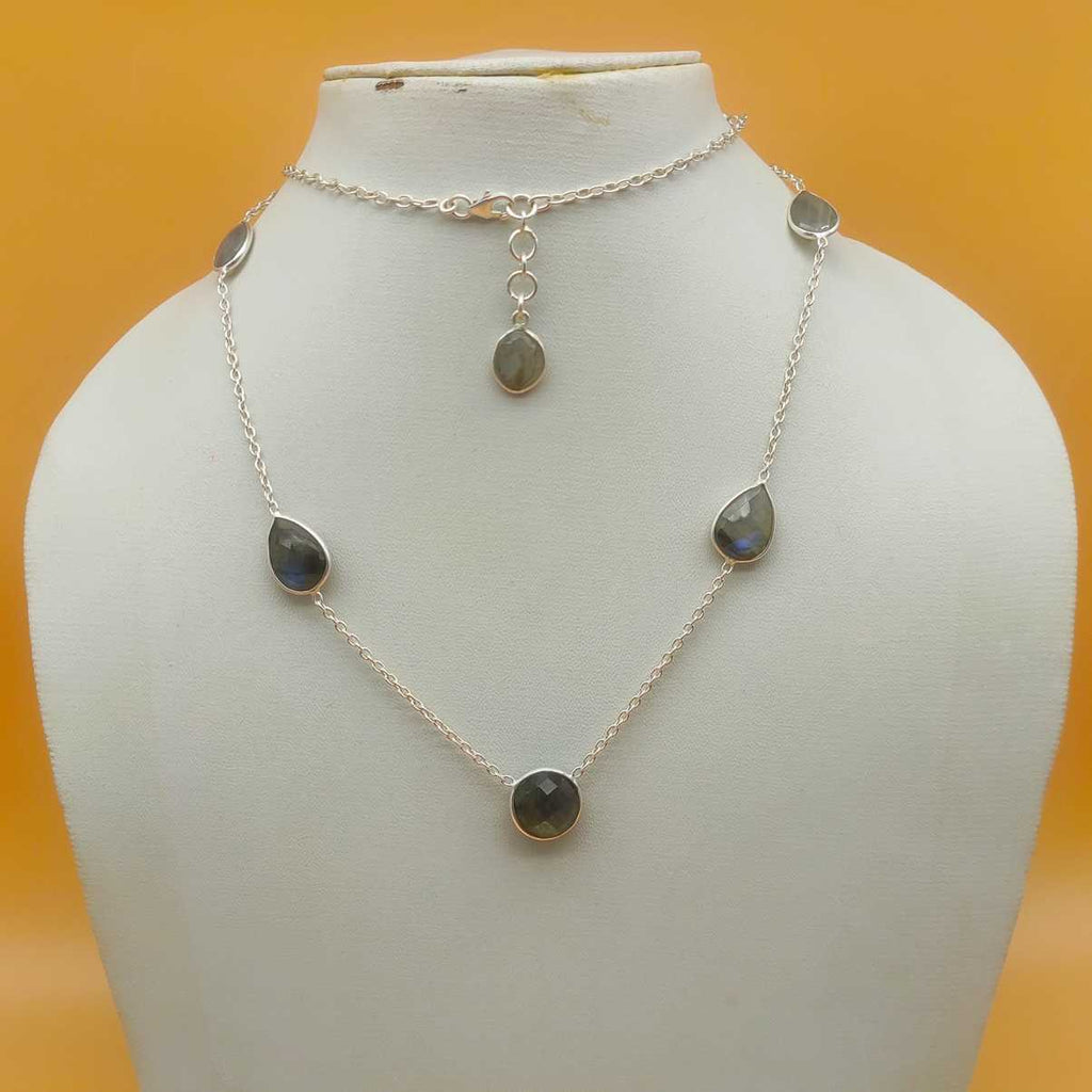 Dainty Labradorite 925 Silver Faceted Long Necklace Handmade