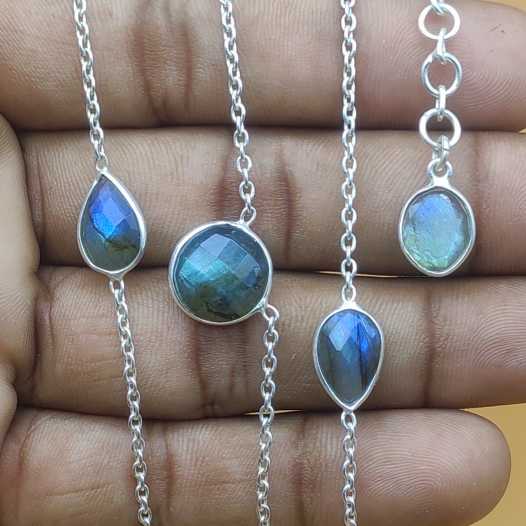 Dainty Labradorite 925 Silver Faceted Long Necklace Handmade