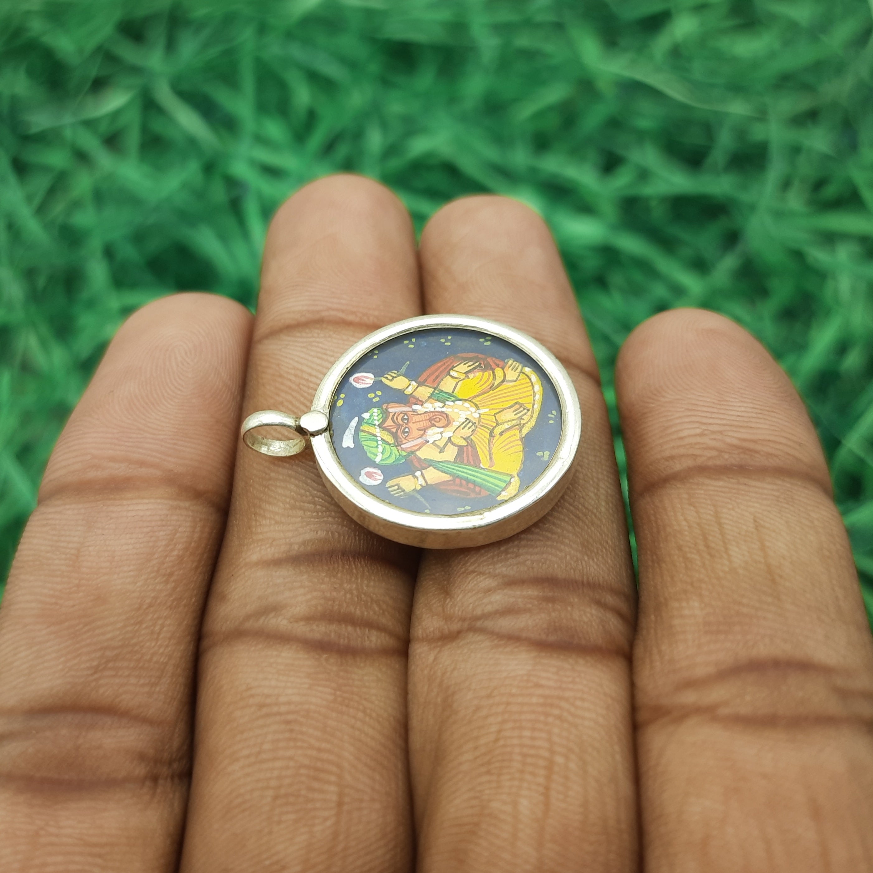 Lord Ganesha Hand-Painted Pendant in 925 Sterling Silver – Handmade Divine Frame