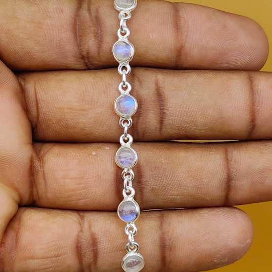 Handmade Natural Moonstone Oval Cabochon Gemstone Silver Chain Bracelet