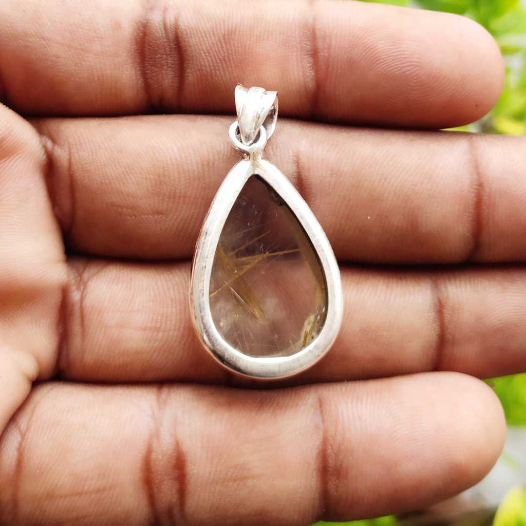 Rutilated Quartz 925 Silver Pendant Necklace Artisan Boho Design