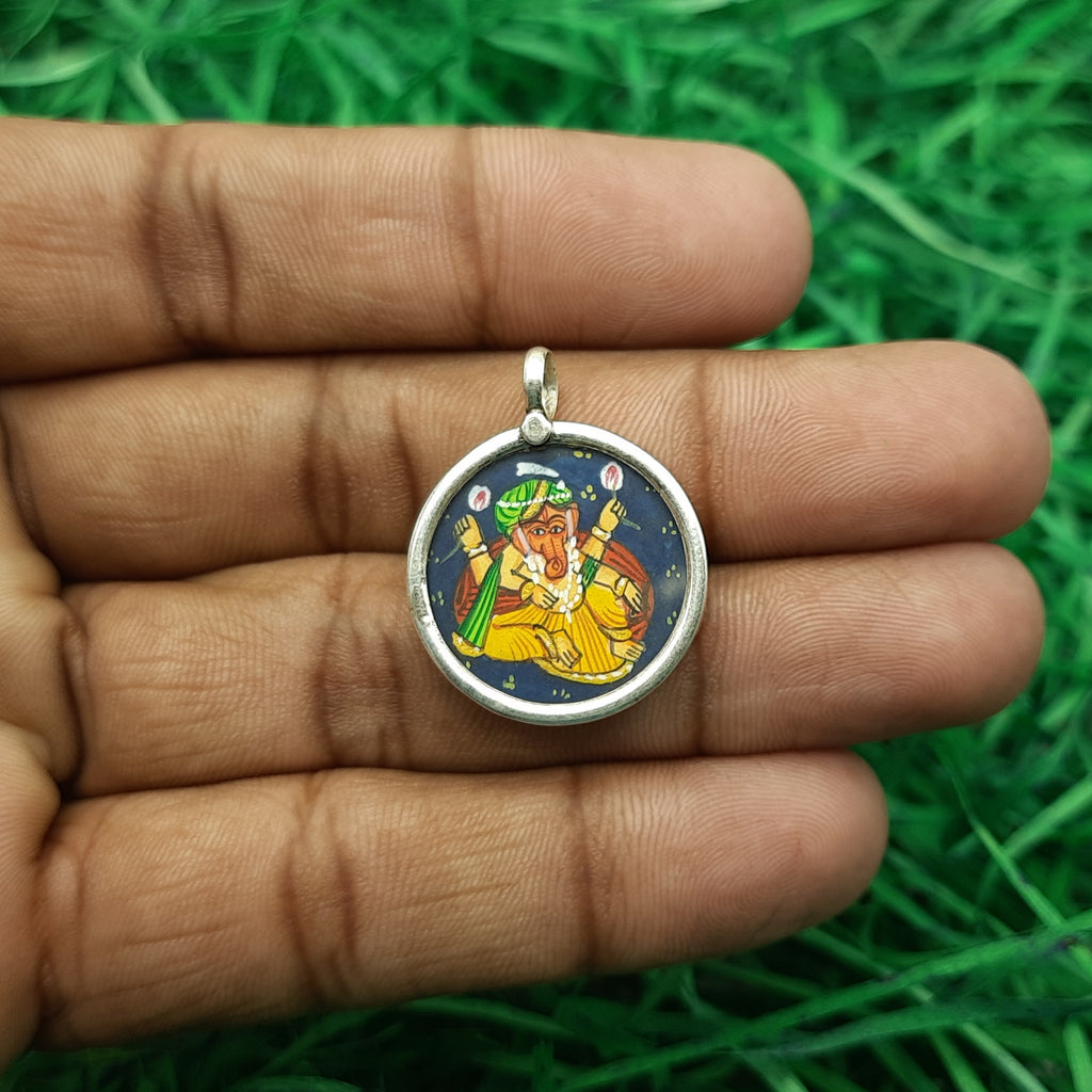 Lord Ganesha Hand-Painted Pendant in 925 Sterling Silver – Handmade Divine Frame