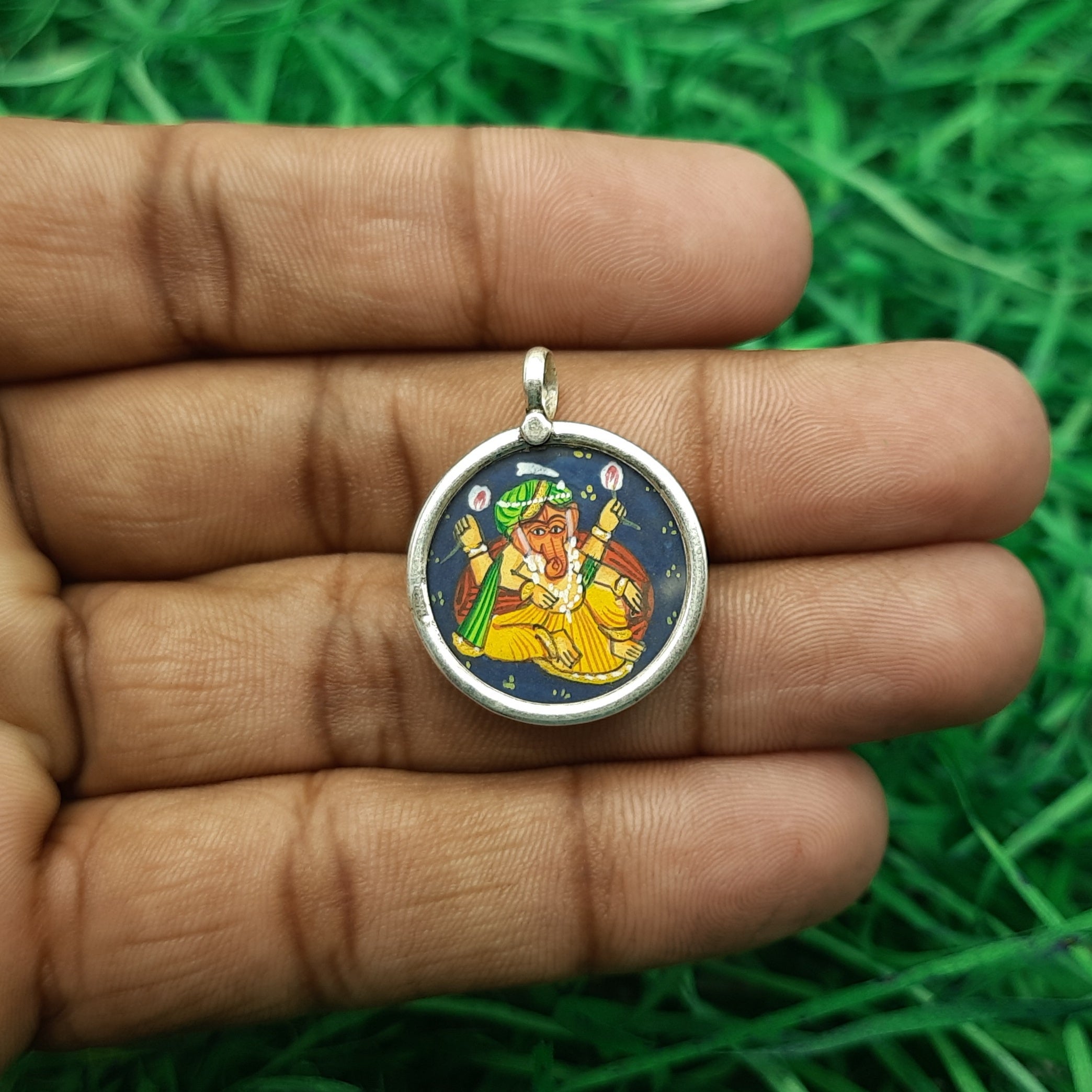 Lord Ganesha Hand-Painted Pendant in 925 Sterling Silver – Handmade Divine Frame